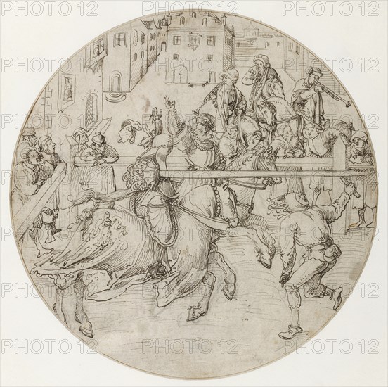 Tournament Scene; Jörg Breu the Elder, German, about 1475,1476 - 1537, Germany; about 1510 - 1515; Pen and black ink over black