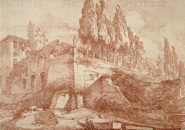 Ruins of an Imperial Palace, Rome; Jean-Honoré Fragonard, French, 1732 - 1806, 1759; Red chalk on cream-colored paper