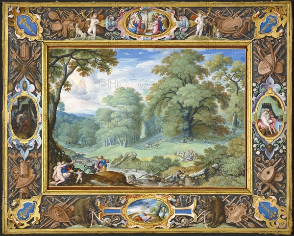 Landscape with the Story of Venus and Adonis; Hans Bol, Flemish, 1534 - 1593, 1589; Gouache heightened with gold on vellum