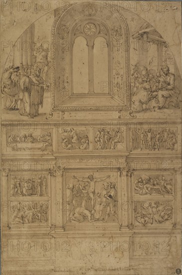 Project for a Wall Decoration; Perino del Vaga, Piero Buonaccorsi, Italian, 1501 - 1547, about 1522; Pen and brown ink, brush