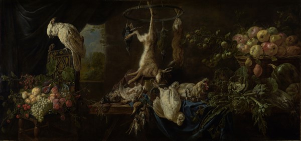 Still Life: Game, Vegetables, Fruit, Cockatoo; Adriaen van Utrecht, Flemish, 1599 - 1652, 1650; Oil on canvas; 120 × 250.5 cm