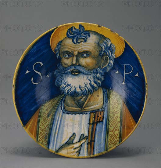 Plate with Saint Peter, Piatto, Faenza, probably, Ravenna, Emilia-Romagna, Italy; about 1500 - 1520; Tin-glazed earthenware