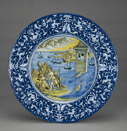 Plate with Hero and Leander; Faenza, Emilia-Romagna, Italy; about 1525; Tin-glazed earthenware; 3.8 x 44 cm, 1 1,2 x 17 5,16 in