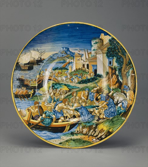 Plate with the Abduction of Helen; Francesco Xanto Avelli, Italian, 1486,1487 - about 1544, Urbino, Italy; 1534; Tin-glazed