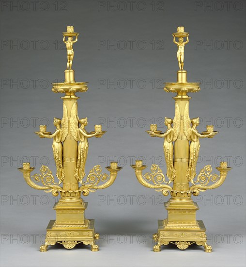 Pair of Candlesticks; Designed by Filippo Pelagio Palagi, Italian, 1775 - 1860, about 1830 - 1840; Gilt bronze