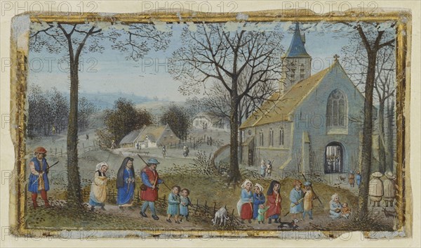 Villagers on Their Way to Church; Simon Bening, Flemish, about 1483 - 1561, Bruges, Belgium; about 1550; Tempera colors