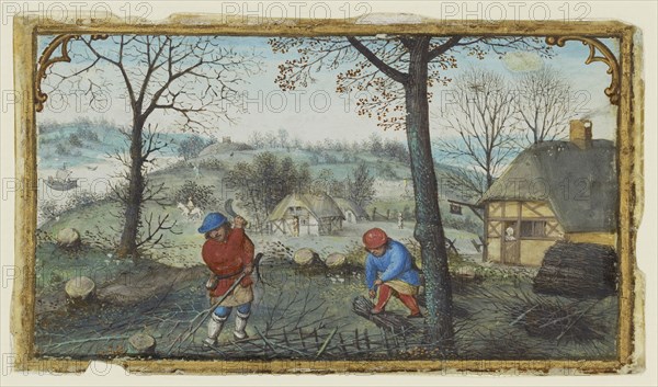 Gathering Twigs; Simon Bening, Flemish, about 1483 - 1561, Bruges, Belgium; about 1550; Tempera colors and gold paint