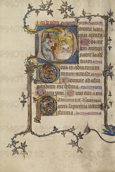 Initial D: Pope John XXII(?, Writing before the Man of Sorrows; Atelier of the Passion Master; Northeastern, illuminated