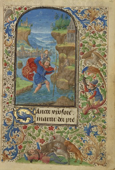 Saint Christopher; Lieven van Lathem, Flemish, about 1430 - 1493, Antwerp, illuminated, Belgium; 1469; Tempera colors, gold