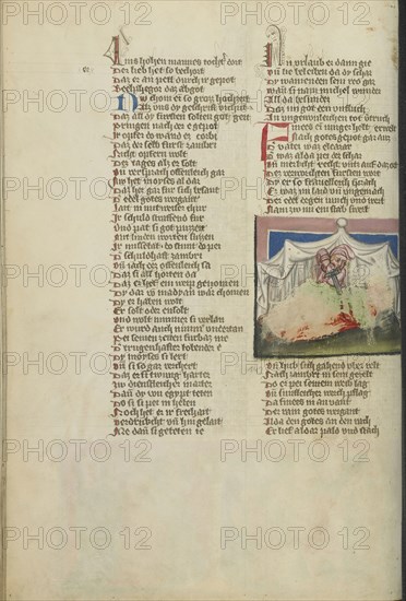 Pinehas Kills Simri and Kosbi; Regensburg, Bavaria, Germany; about 1400 - 1410; Tempera colors, gold, silver paint, and ink
