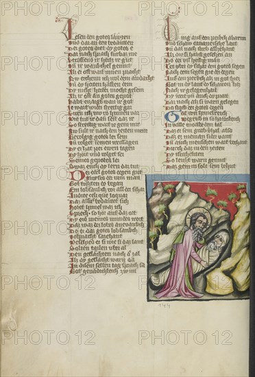 God Burying Moses; Regensburg, Bavaria, Germany; about 1400 - 1410; Tempera colors, gold, silver paint, and ink on parchment