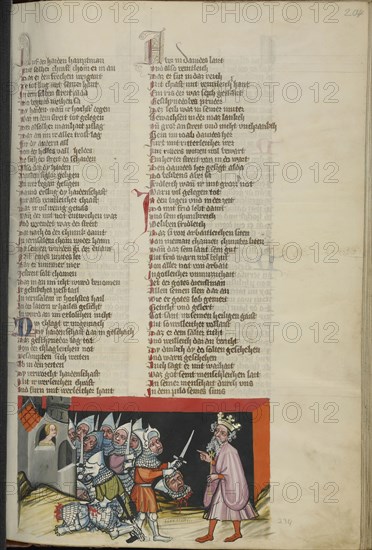 Sibbechai Ordering the Murder of Saph; Regensburg, Bavaria, Germany; about 1400 - 1410; Tempera colors, gold, silver paint