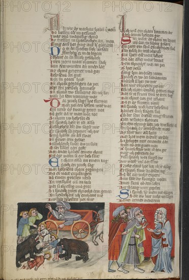 The Punishment of the Children who Mocked Elisha in Bethel; The Widow before Elisha; Regensburg, Bavaria, Germany; about 1400