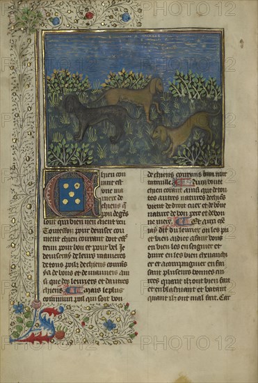 Hounds; Brittany, France; about 1430 - 1440; Tempera colors, gold paint, silver paint, and gold leaf on parchment; Leaf: 26.4 x