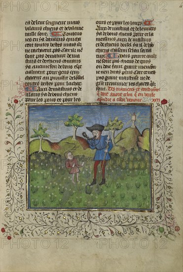A Hunter and a Young Boy; Brittany, France; about 1430 - 1440; Tempera colors, gold paint, silver paint, and gold leaf on