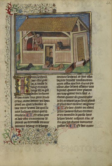 A Hunter Attending to Kenneled Dogs; Brittany, France; about 1430 - 1440; Tempera colors, gold paint, silver paint, and gold