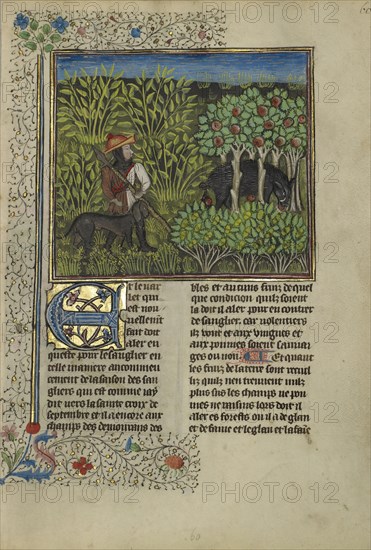 A Hunter and a Dog Tracking a Wild Boar; Brittany, France; about 1430 - 1440; Tempera colors, gold paint, silver paint, and gold