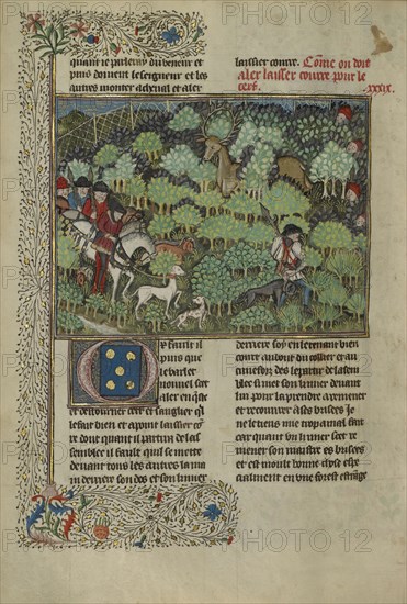Hunters Pursuing a Deer; Brittany, France; about 1430 - 1440; Tempera colors, gold paint, silver paint, and gold leaf on