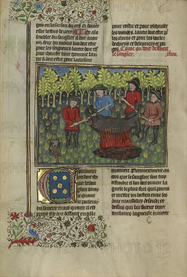 Hunters Dismembering a Boar's Carcass; Brittany, France; about 1430 - 1440; Tempera colors, gold paint, silver paint, and gold