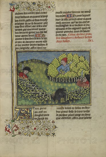 Hunters Driving a Wild Boar into a Pit; Brittany, France; about 1430 - 1440; Tempera colors, gold paint, silver paint, and gold