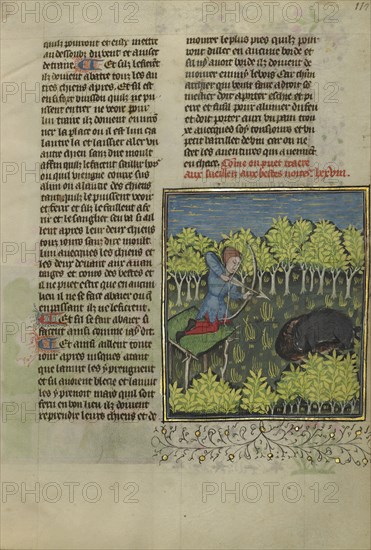 An Archer on a Platform Shooting at a Wallowing Wild Boar; Brittany, France; about 1430 - 1440; Tempera colors, gold paint