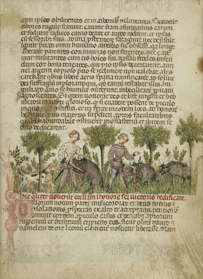 Aimo and Vermondo Killing Two Wild Boars; Attributed to Anovelo da Imbonate, Italian, Lombard, active about 1400, Milan