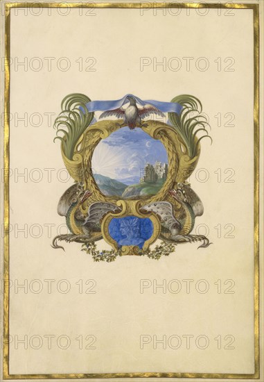 Escutcheon with a Castle; Jacques Bailly, French, 1634 - 1679, Paris, France; about 1663 - 1668; Gouache and gold on parchment