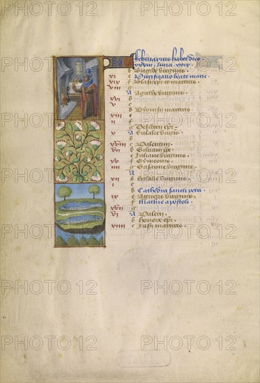 A Man Warming by a Fire; Zodiacal Sign of Pisces; Tours, France; about 1480 - 1485; Tempera colors, gold, and ink on parchment