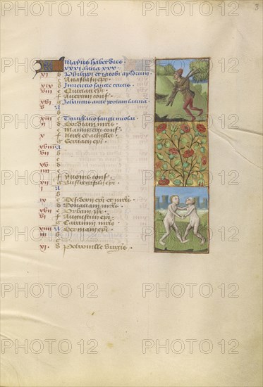 A Man Carrying a Small Tree; Zodiacal Sign of Gemini; Tours, France; about 1480 - 1485; Tempera colors, gold, and ink