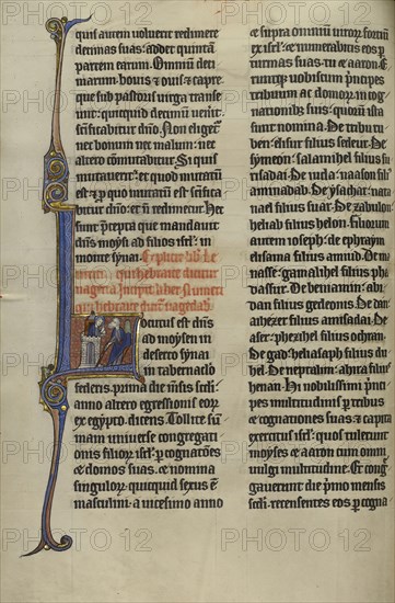 Initial L: God Speaking to Moses from a Tower; Lille, probably, France; about 1270; Tempera colors, black ink, and gold leaf