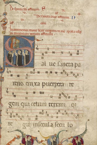 Initial S: The Virgin and Two Dominican Nuns and One Friar in Prayer; Jacobellus of Salerno, Italian, active about 1270