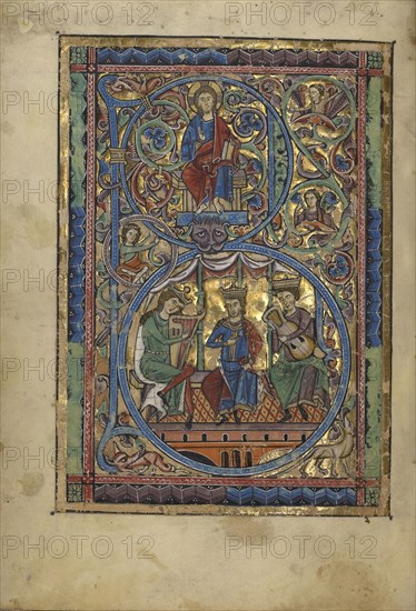 Initial B: Christ in Majesty and David with Musicians; Würzburg, Germany; about 1240 - 1250; Tempera colors, gold leaf