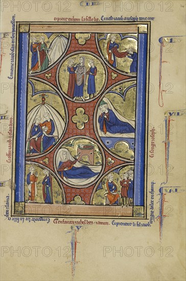 Scenes from the Lives of Jacob and Joseph; Paris, France; about 1250 - 1260; Tempera colors, gold leaf, and ink on parchment