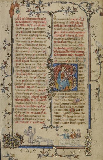 Initial B: David Playing the Harp; Paris, France; about 1320 - 1325; Tempera colors, gold leaf, and ink on parchment; Leaf
