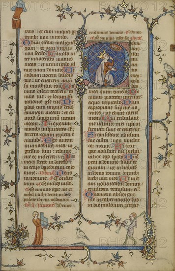 Initial D: David Pointing to his Eye; Paris, France; about 1320 - 1325; Tempera colors, gold leaf, and ink on parchment; Leaf