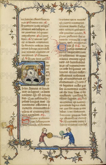 Initial B: Vincent Tied to a Millstone and Thrown into the Water; Paris, France; about 1320 - 1325; Tempera colors, gold leaf