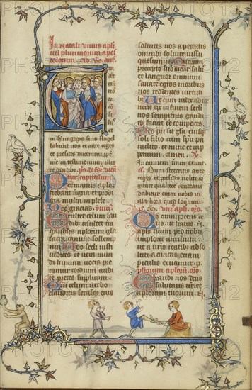 Initial T: The Twelve Apostles; Paris, France; about 1320 - 1325; Tempera colors, gold leaf, and ink on parchment; Leaf