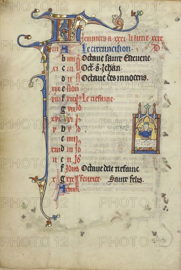 Janus Feasting; Northeastern France, France; about 1300; Tempera colors, gold leaf, and ink on parchment; Leaf: 26.4 x 18.3 cm