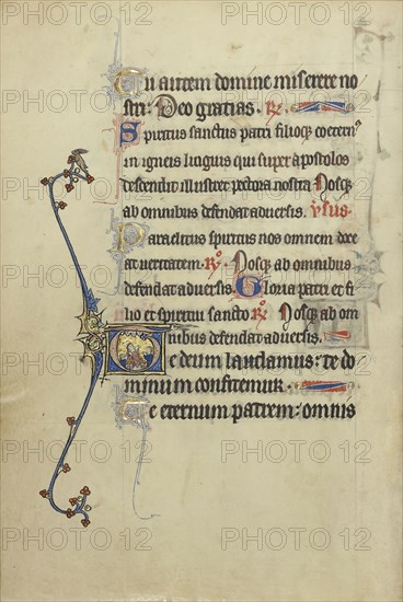 Initial T: A Cleric with Two Assistants; Northeastern France, France; about 1300; Tempera colors, gold leaf, and ink