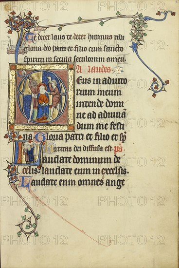 Initial A: The Mocking of Christ; Initial L: Two Men Holding Scrolls; Northeastern France, France; about 1300; Tempera colors