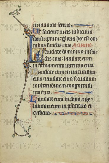 Initial L: Two Women Holding Scrolls; Northeastern France, France; about 1300; Tempera colors, gold leaf, and ink on parchment