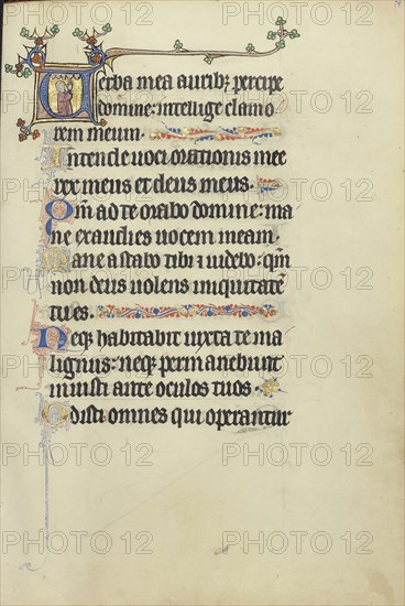 Initial V: A Man in Prayer; Northeastern France, France; about 1300; Tempera colors, gold leaf, and ink on parchment; Leaf