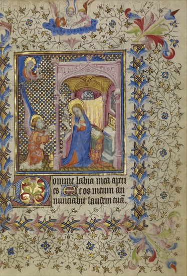 The Annunciation; Paris, France; about 1400 - 1410; Tempera colors, gold leaf, gold paint, and ink on parchment; Leaf