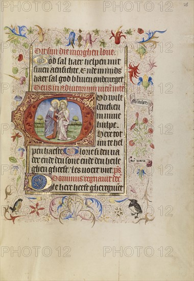 Initial G: The Visitation; Brabant, possibly, Flanders, Belgium; after 1460; Tempera colors, gold leaf, and ink on parchment