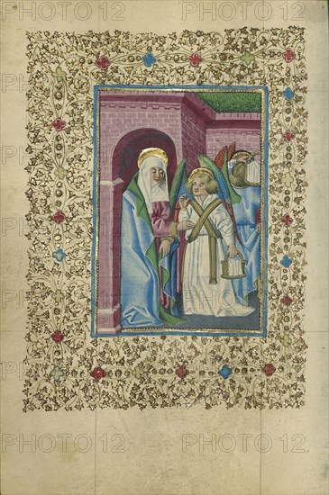 The Virgin Nourished by an Angel; Naples, Campania, Italy; about 1460; Tempera colors, gold, and ink on parchment; Leaf