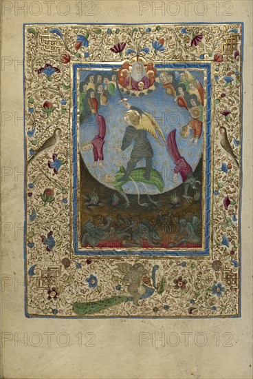 Saint Michael Battling the Devil; Naples, Campania, Italy; about 1460; Tempera colors, gold, and ink on parchment; Leaf