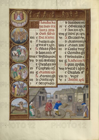 Threshing and Pig Feeding; Zodiacal Sign of Sagittarius; Workshop of the Master of James IV of Scotland, Flemish, before 1465