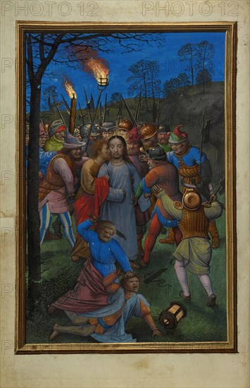 The Betrayal of Christ; Simon Bening, Flemish, about 1483 - 1561, Bruges, Belgium; about 1525 - 1530; Tempera colors, gold