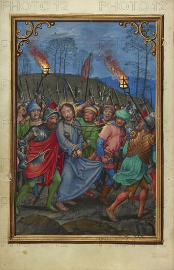 The Arrest of Christ; Simon Bening, Flemish, about 1483 - 1561, Bruges, Belgium; about 1525 - 1530; Tempera colors, gold paint