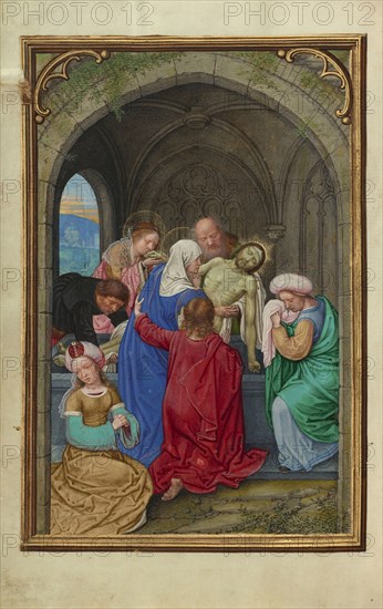 The Entombment; Simon Bening, Flemish, about 1483 - 1561, Bruges, Belgium; about 1525 - 1530; Tempera colors, gold paint